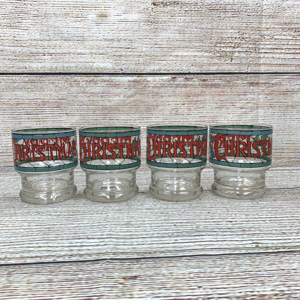 Merry Christmas Drink Glasses Set of 4 Stained Glass Style Holiday Barware - Picture 4 of 8